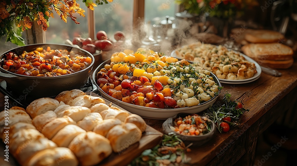A rustic autumn feast captured from a side angle, featuring a spread of roasted vegetables, steaming stews, and freshly baked bread, with fall leaves scattered around. The scene is bathed in warm, A rustic autumn feast captured from a side angle, featuring a spread of roasted vegetables, steaming stews, and freshly baked bread, with fall leaves scattered around. The scene is bathed in warm,