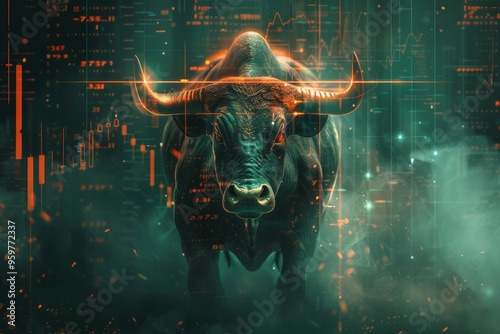 Modern wallpaper featuring a bull in the stock market with trading charts, red and green colors, smoke effects, and cinematic lighting, ultra-detailed illustration. photo