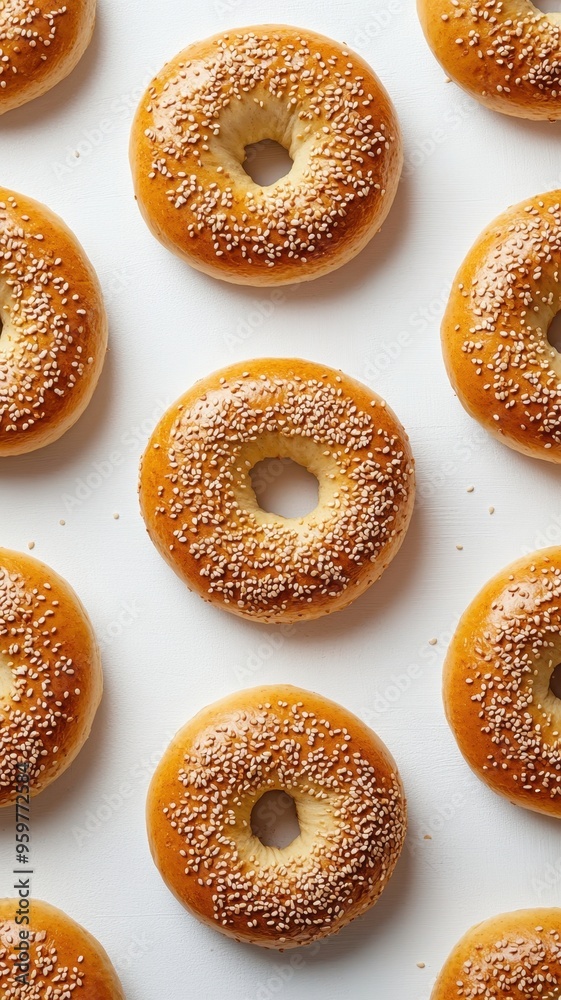 Freshly baked bagel with Sesame seed isolated on white background,Everything bagels topped with cream cheese,New York style bagels for breakfast,Homemade freshly plain,onion bagels,space for text. Freshly baked bagel with Sesame seed isolated on white background,Everything bagels topped with cream cheese,New York style bagels for breakfast,Homemade freshly plain,onion bagels,space for text.