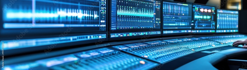 Futuristic sound studio with multiple monitors showcasing audio waveforms and controls for music production. Futuristic sound studio with multiple monitors showcasing audio waveforms and controls for music production.