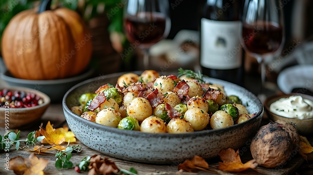 A rustic autumn table featuring a dish of roasted Brussels sprouts and crispy bacon, served with a garlic aioli and surrounded by fall leaves and warm, golden light. The scene captures the inviting, A rustic autumn table featuring a dish of roasted Brussels sprouts and crispy bacon, served with a garlic aioli and surrounded by fall leaves and warm, golden light. The scene captures the inviting,