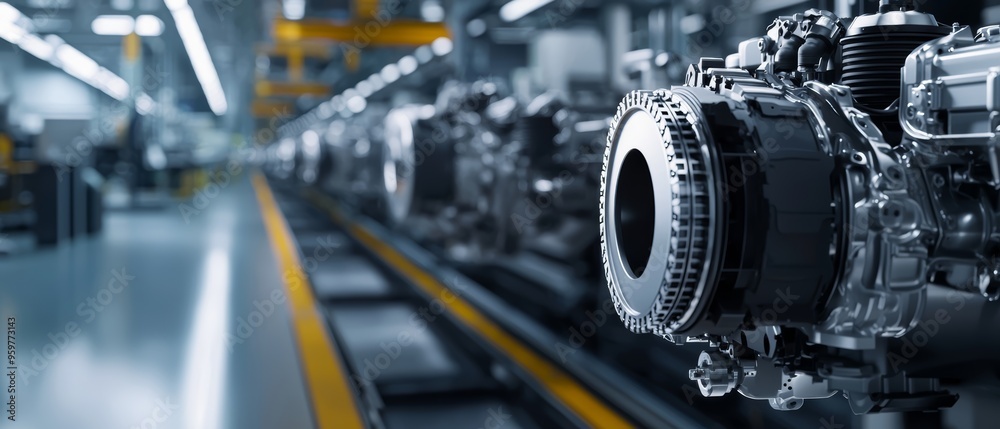 Fototapeta premium Modern assembly line with engines being put together by automated systems, reflecting the future of automotive manufacturing