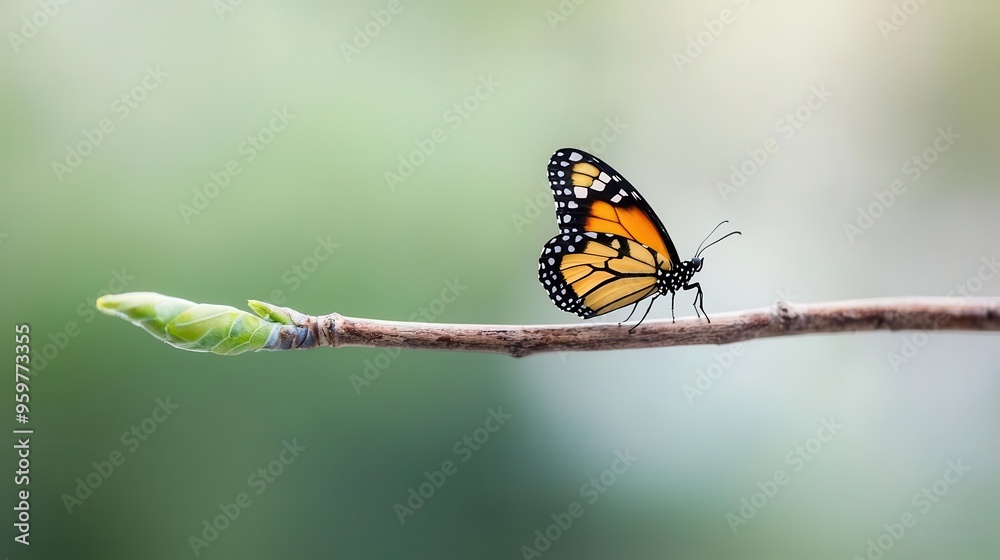 Butterfly emerging from its chrysalis on a delicate branch, symbolizing transformation and growth, new beginnings. Butterfly emerging from its chrysalis on a delicate branch, symbolizing transformation and growth, new beginnings.