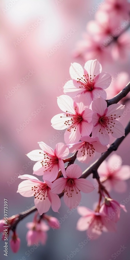 Obraz premium Sakura is blooming. Delicate pink cherry blossoms bloom beautifully on a tree branch during the spring season, filling the scene with vibrant colors and a sense of renewal in nature. Generative AI