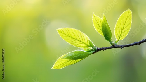 New leaves unfurling on a vibrant tree branch, symbolizing growth, renewal, and the start of something fresh, signifying new opportunities on the horizon.