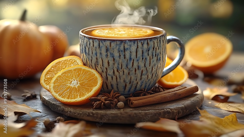 A rustic autumn table featuring a steaming mug of mulled wine with orange slices, cinnamon sticks, and cloves, surrounded by fall leaves and warm, golden light. The scene captures the inviting, A rustic autumn table featuring a steaming mug of mulled wine with orange slices, cinnamon sticks, and cloves, surrounded by fall leaves and warm, golden light. The scene captures the inviting,