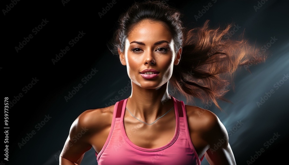 portrait of a brunette woman runner wearing a pink top on black background portrait of a brunette woman runner wearing a pink top on black background