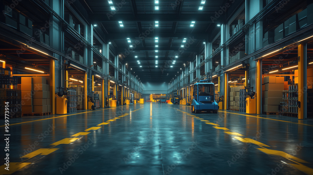 High-Tech Warehouse with Automated Lights and Robotics. Spacious, high-tech warehouse lit by bright LED lights, featuring advanced automated guided vehicles (AGVs) for efficient logistics operations.