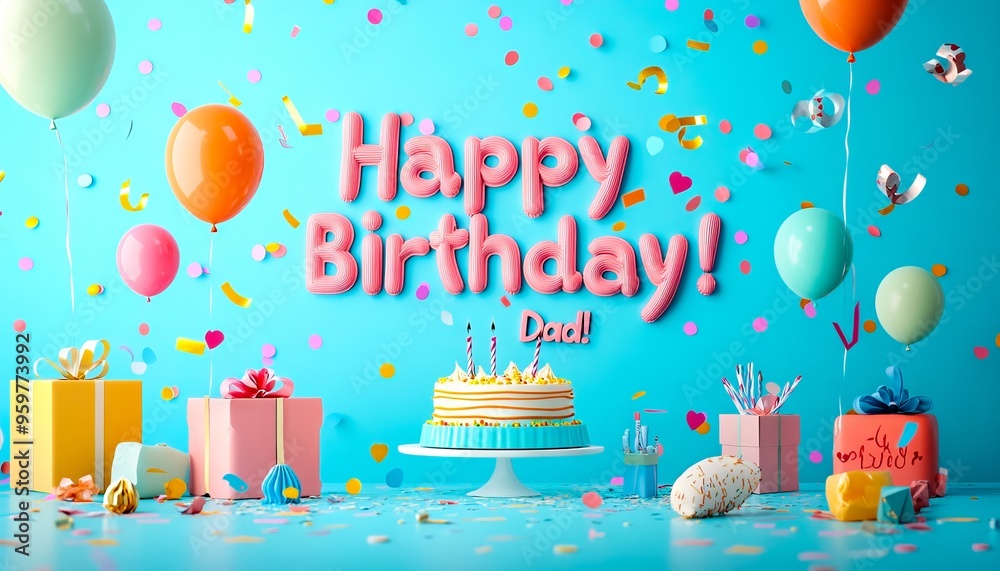 A birthday cake with candles and balloons on a blue background