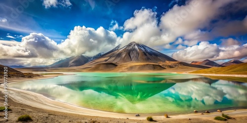 Laguna Verde, Bolivia in January Early morning mist surrounding the lake, capturing the vibrant green color with the warm light of sunrise.