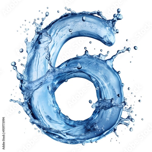 number 6 with water splash effect on white background. number decoration style