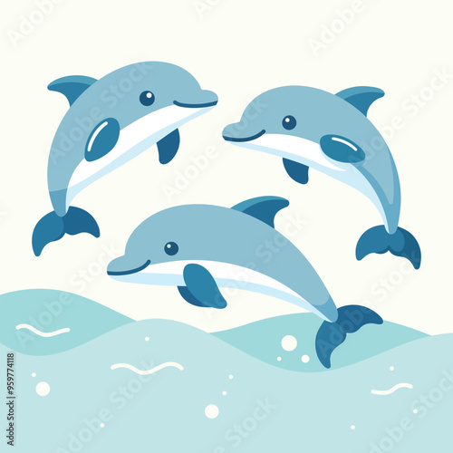 Cute cartoon of a happy dolphin at sea flat vector style illustration