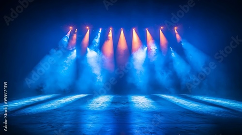 Abstract stage lights backdrop with sharp beams of light cutting through the darkness illuminating a dramatic performance photo