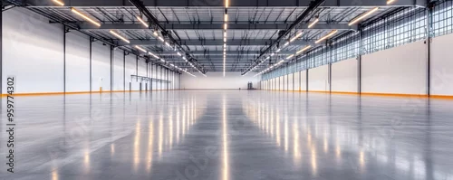 Panel kuchenny z motywem Spacious industrial warehouse with polished concrete flooring and high ceilings, ideal for storage or commercial setups.