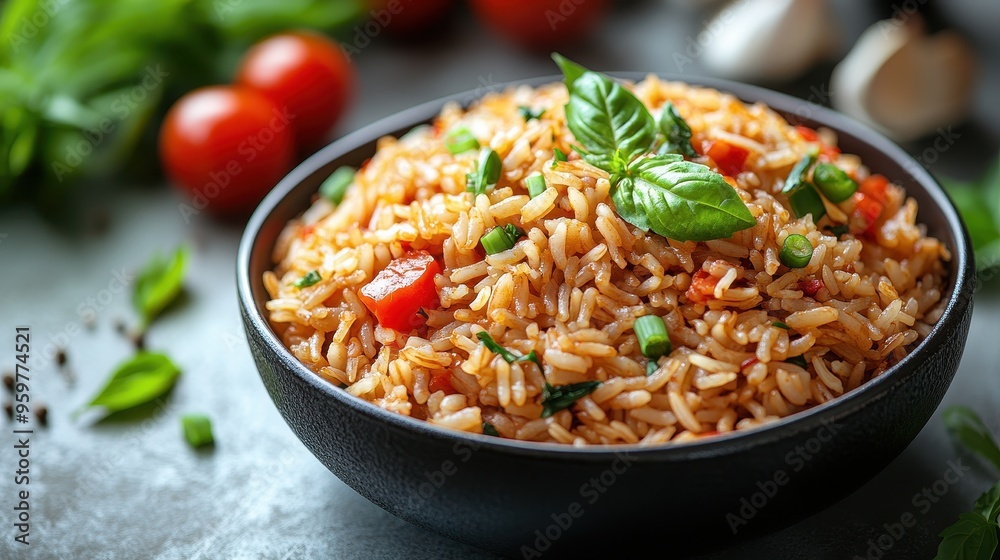 Top View of Traditional Romanian Brown Rice with Tomato and Green Onion in Bowl, Minimalist Flat Lay Photography on White Background, High-Resolution Food Design Shot with Studio Lighting
Top View of Traditional Romanian Brown Rice with Tomato and Green Onion in Bowl, Minimalist Flat Lay Photography on White Background, High-Resolution Food Design Shot with Studio Lighting