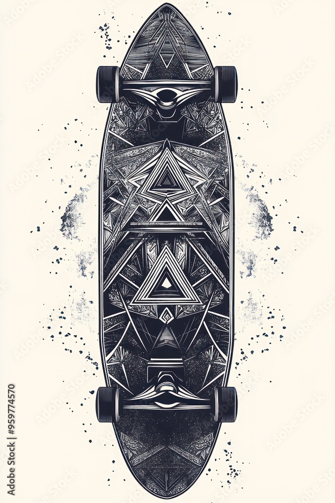A black and white longboard with a geometric pattern on the deck, with a grunge effect around it. A black and white longboard with a geometric pattern on the deck, with a grunge effect around it.