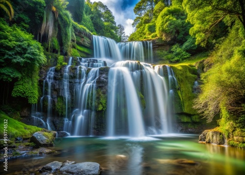 Tutea fallscataract type waterfall in June with a shallow depth of field, blurring the surrounding foliage to highlight the crystal-clear water