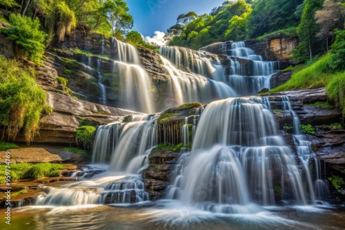 Tutea fallscataract type waterfall in June with a close-up shot of the water crashing against the rocks, emphasizing the texture and movement