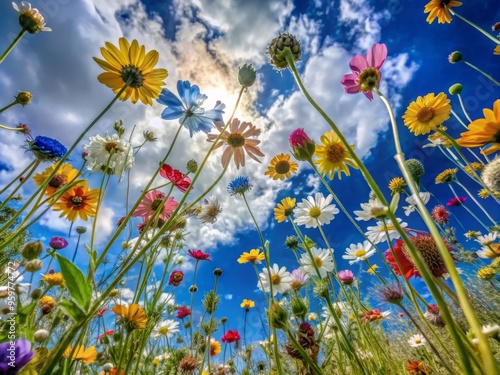 A cluster of wildflowers blooms in a field, their colors vibrant against the soft blue sky, photographed from a low angle, looking up at the bouquet as if from a bug's-eye view. photo