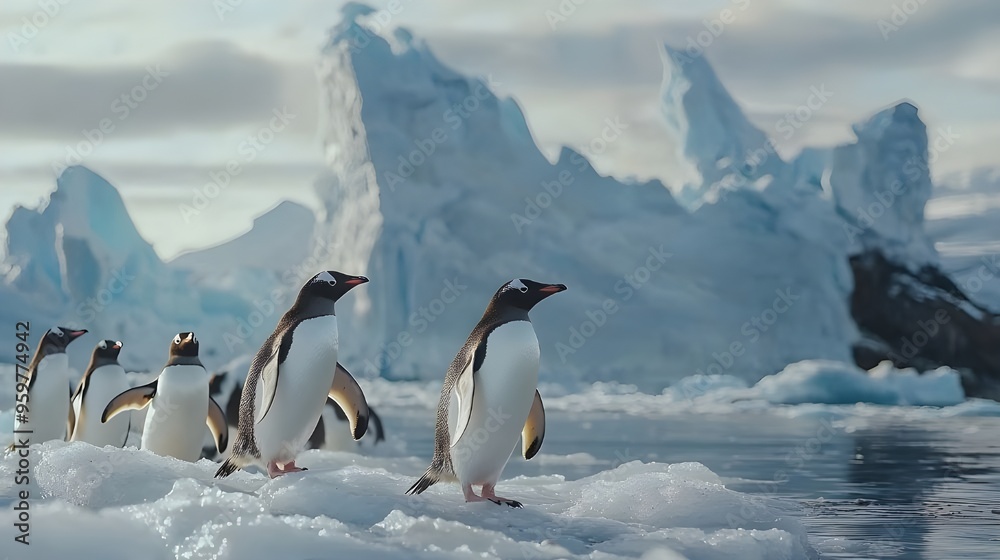 Obraz premium A whimsical photograph of a group of penguins waddling along an icy shoreline with dramatic ice formations in the background.