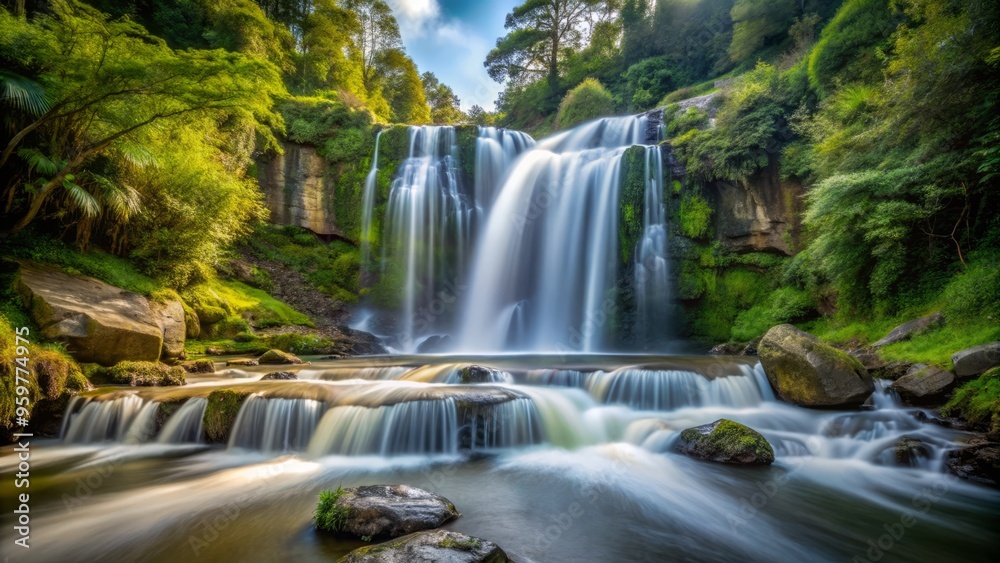 Obraz premium Tutea fallscataract type waterfall in June with a long exposure, creating a silky, smooth effect on the flowing water