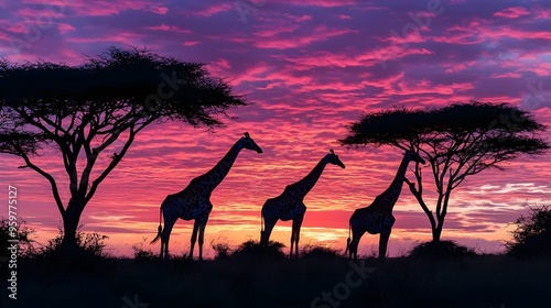 A stunning shot of giraffes silhouetted against a vibrant sunset sky, as they graze on acacia trees.