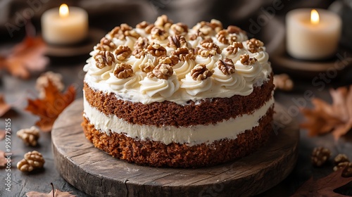 Wallpaper Mural A side view of a moist carrot cake with cream cheese frosting, garnished with chopped walnuts, surrounded by fall leaves and warm candlelight on a rustic wooden table. The soft, Torontodigital.ca