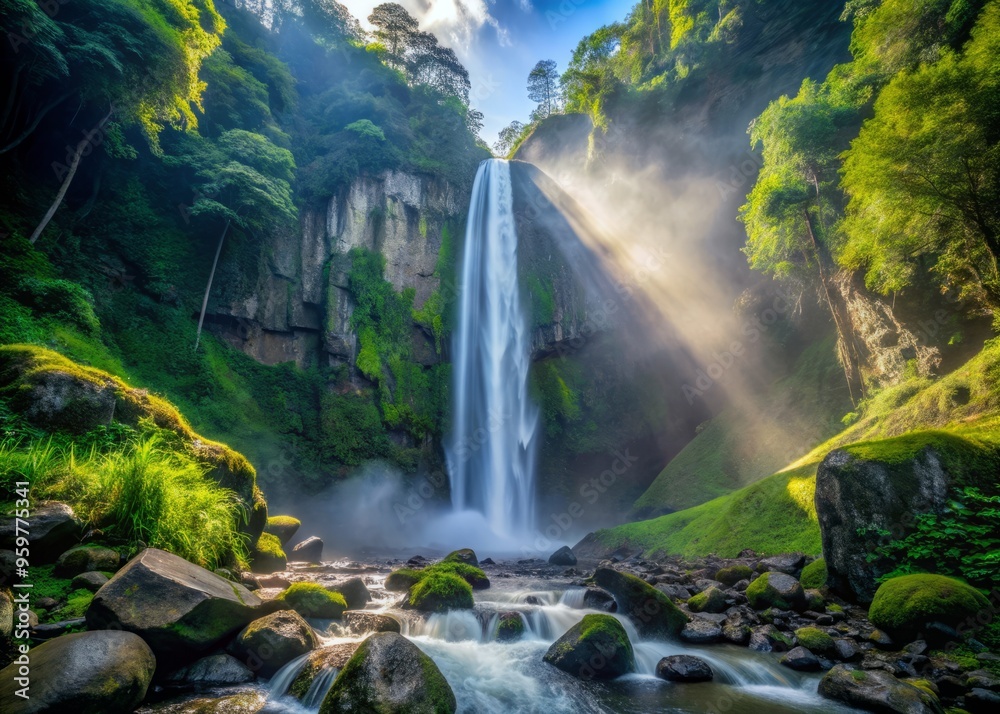 Coban Pelangi Falls in the afternoon mist, where the water droplets sparkle like diamonds Coban Pelangi Falls in the afternoon mist, where the water droplets sparkle like diamonds