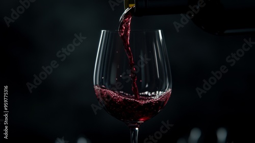 A rich, red wine poured into an elegant glass, contrasting beautifully with a dark background