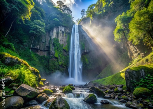 Coban Pelangi Falls in the afternoon mist, where the water droplets sparkle like diamonds
