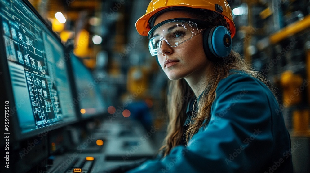 Focused Female Engineer at Work in Modern Factory Focused Female Engineer at Work in Modern Factory