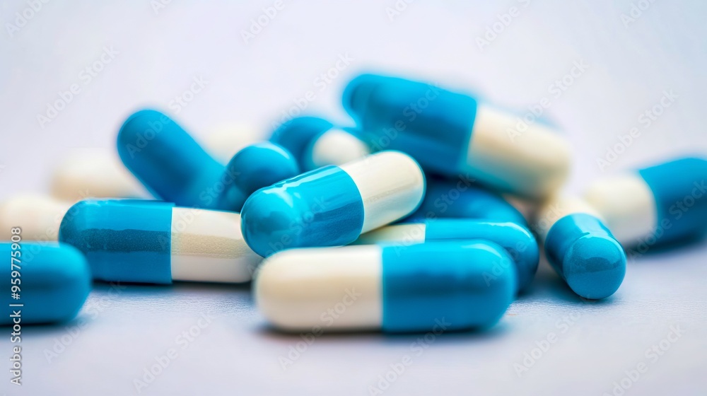 A pile of blue and white pills on a table