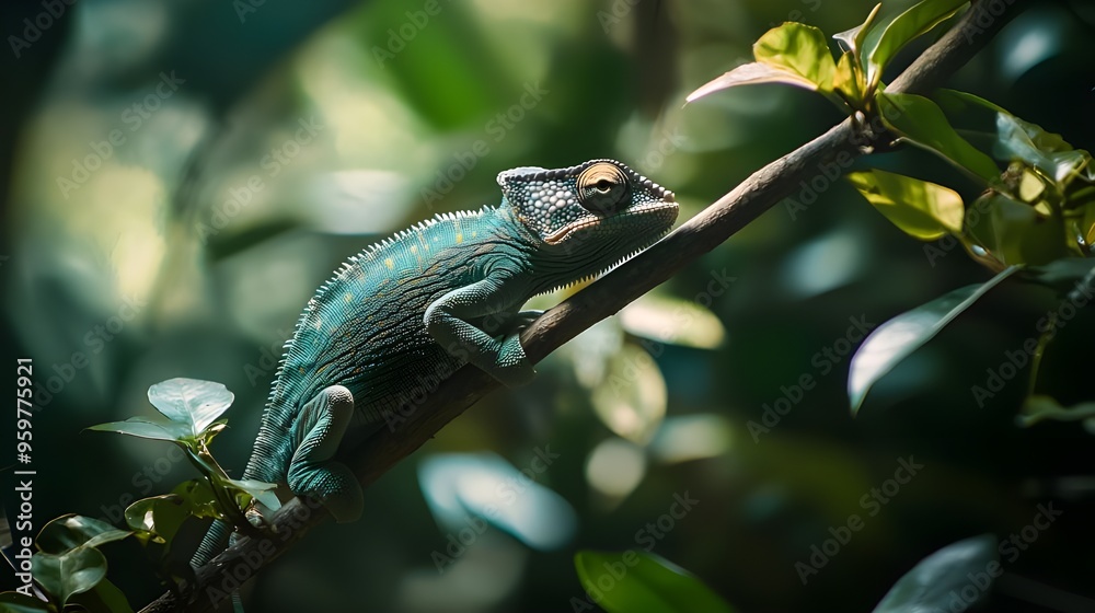 A close-up shot of a chameleon blending into its surroundings on a branch in a dense jungle. A close-up shot of a chameleon blending into its surroundings on a branch in a dense jungle.