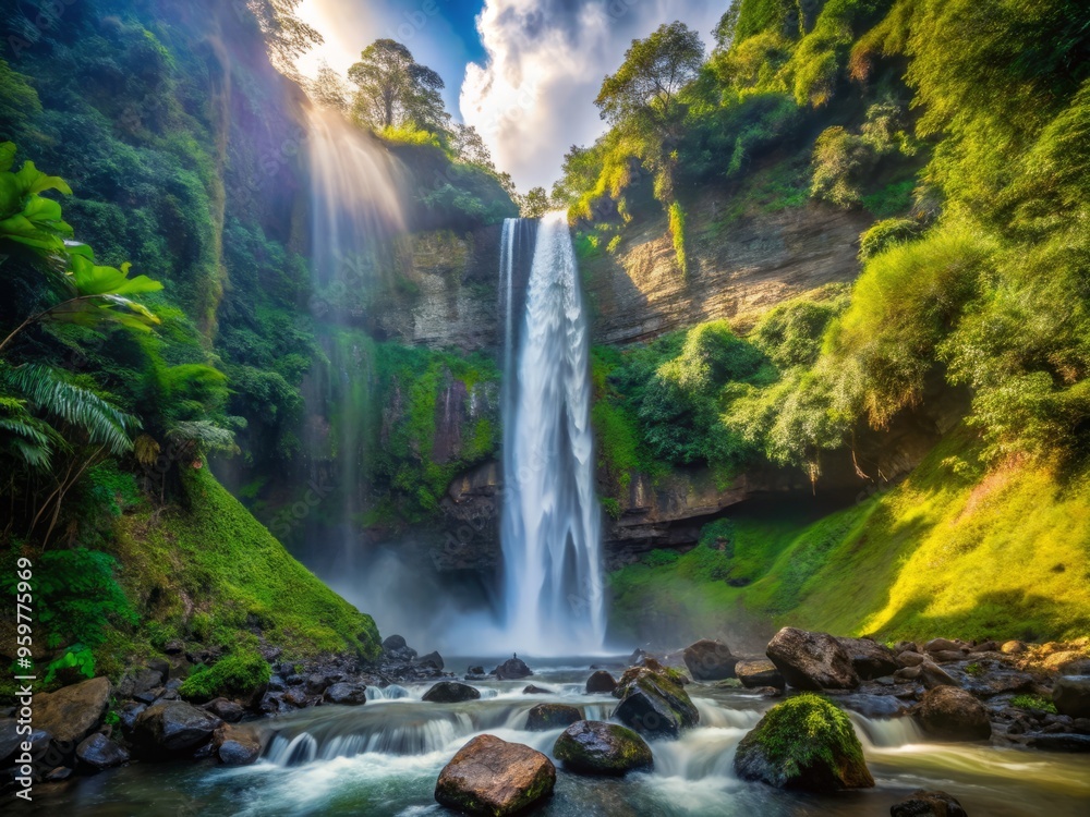 Fototapeta premium Coban Pelangi Falls in the afternoon, capturing the subtle, shimmering effect of the waterfall's spray