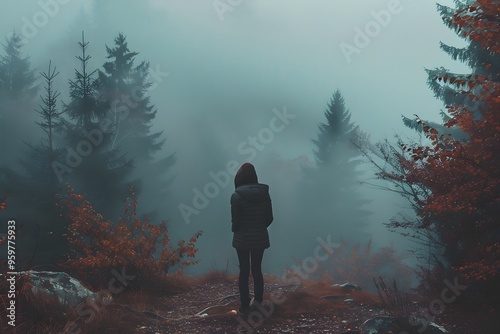 A Solitary Figure in a Misty Forest Landscape