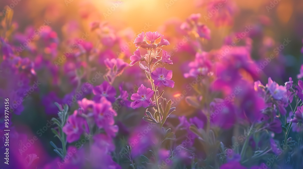 Close-up of vibrant purple flowers growing in a field during sunset, with warm, golden light highlighting the delicate petals and rich colors