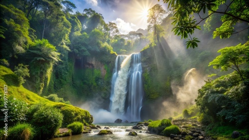 Coban Baung Fallsafter the rain forms a shimmering veil, backlighting the waterfall, intense green foliage silhouetted against the bright mist. photo