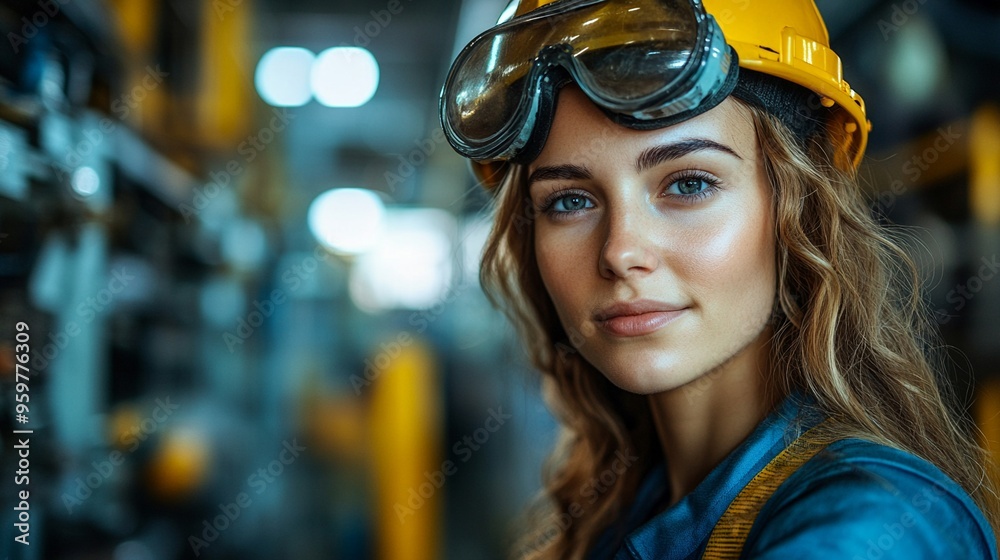 Confident Female Engineer: A portrait of a determined and skilled female engineer, her eyes focused and confident as she stands in a bustling industrial setting. She wears a hard hat, safety goggles. Confident Female Engineer: A portrait of a determined and skilled female engineer, her eyes focused and confident as she stands in a bustling industrial setting. She wears a hard hat, safety goggles.