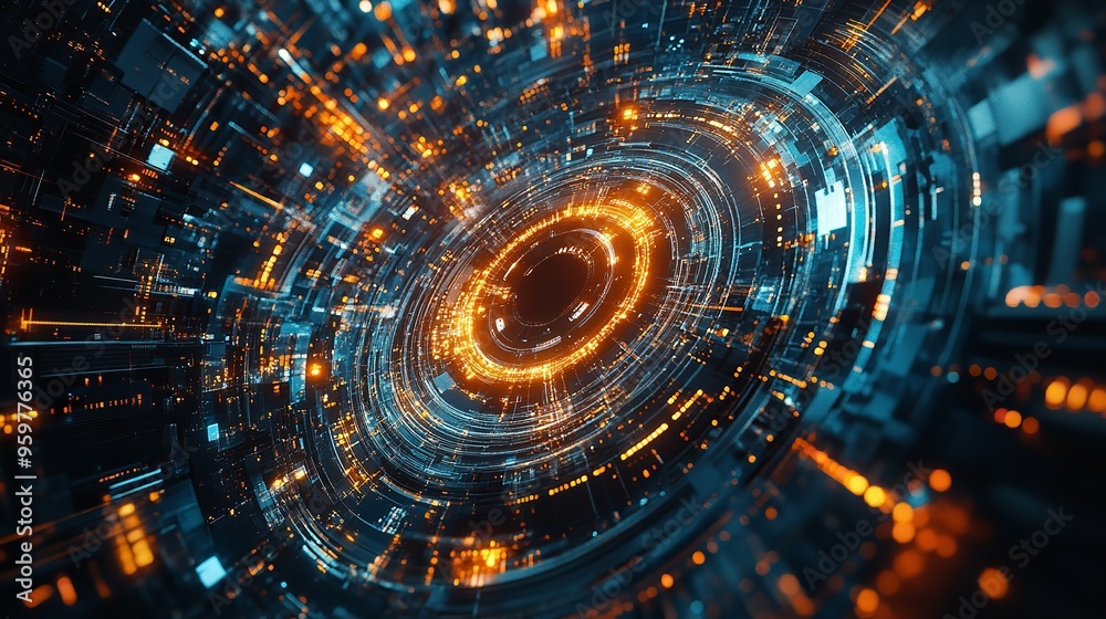 Fototapeta premium Abstract Digital Space Tunnel with Symmetrical Geometry and Dynamic Light Motion Technology Background