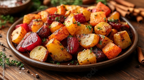 A side view of a tray of roasted root vegetables like carrots, beets, and parsnips, garnished with fresh herbs and sea salt, set on a rustic wooden table surrounded by autumn leaves and spices. photo