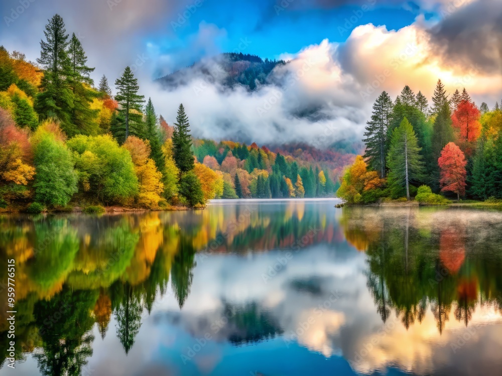 Fototapeta premium The misty atmosphere of Trou de Fer after the rain creates a sense of intimacy, with the lake's calm surface reflecting the vibrant colors of the surrounding trees and the few clouds in the sky.