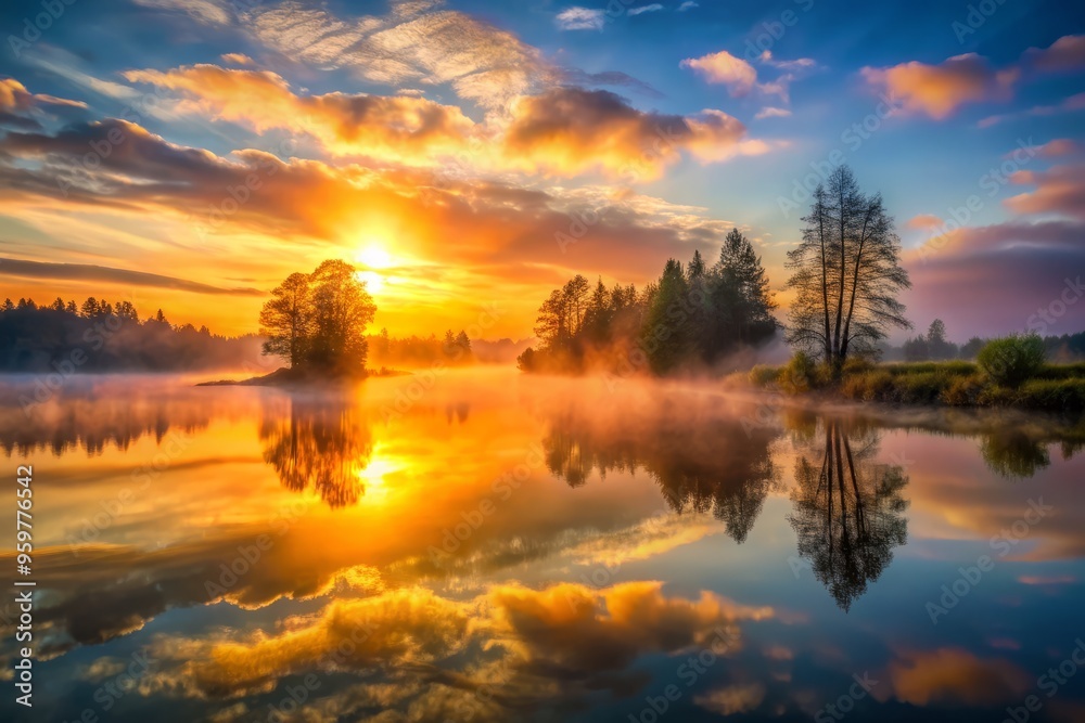 Create an image featuring a sunset with a reflection in the water that conveys a sense of depth and atmosphere through the use of mist or fog Create an image featuring a sunset with a reflection in the water that conveys a sense of depth and atmosphere through the use of mist or fog