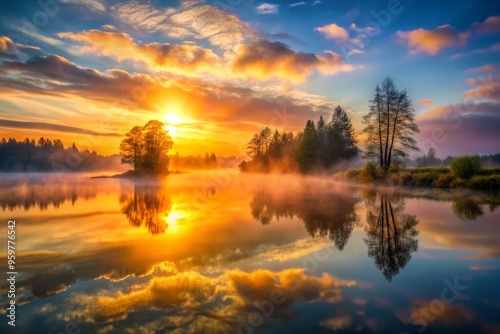 Create an image featuring a sunset with a reflection in the water that conveys a sense of depth and atmosphere through the use of mist or fog