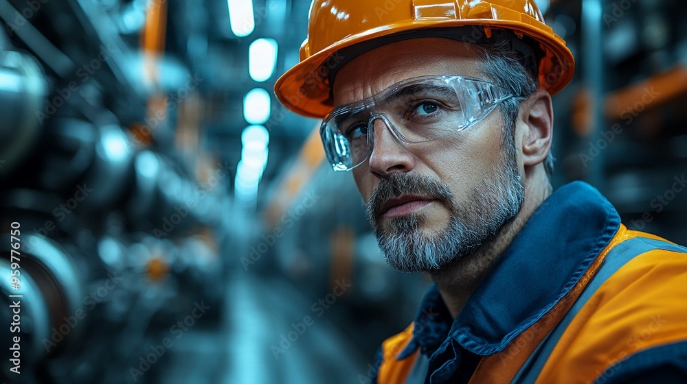 The Steelworker's Gaze: A close-up portrait of a focused industrial worker, his determined gaze reflecting the intensity and dedication of his profession. The image captures the raw power of industry. The Steelworker's Gaze: A close-up portrait of a focused industrial worker, his determined gaze reflecting the intensity and dedication of his profession. The image captures the raw power of industry.