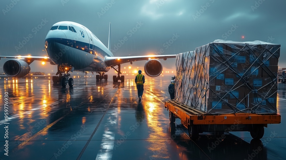 Cargo worker in reflective gear oversees the loading of palletized freight onto an aircraft during nighttime, illustrating air logistics in adverse weather conditions.