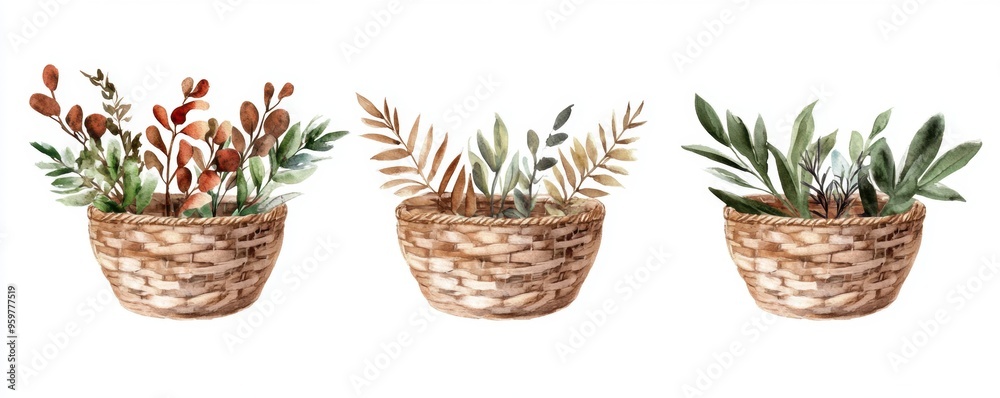 Boho woven basket made from natural fibers, featuring colorful accents, isolated on a white background.
