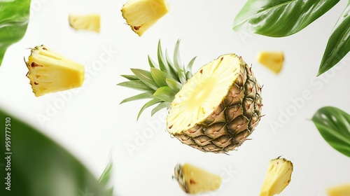 A floating pineapple surrounded by green leaves and pineapple slices.
