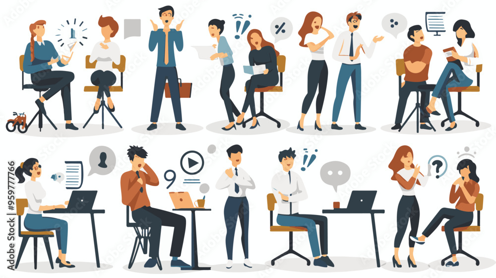 Set of puzzled and surprised office people. Problem solving and discussion. Vector flat illustration Set of puzzled and surprised office people. Problem solving and discussion. Vector flat illustration