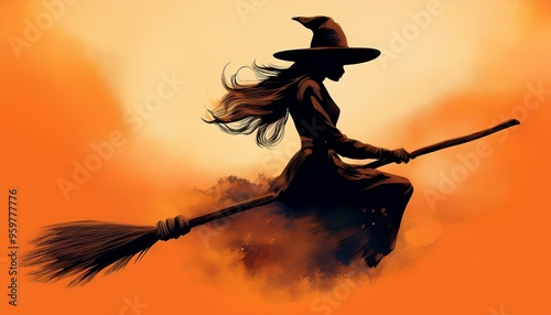 Composition d'Halloween : silhouette de sorcière sur un balai magique photo