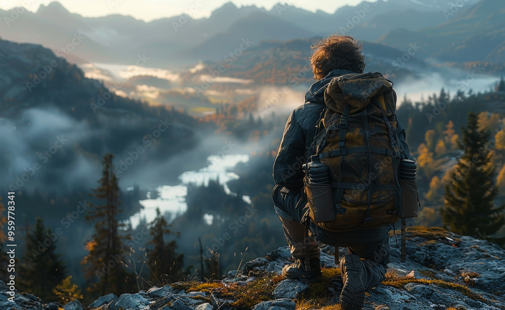 A man is standing on a mountain top with a backpack on. The sky is cloudy and the mountains are in the background A man is standing on a mountain top with a backpack on. The sky is cloudy and the mountains are in the background